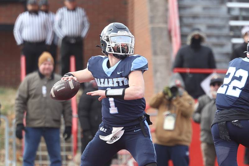 Nazareth’s Logan Malachuk passes against Joliet Catholic in the Class 5A state championship on Saturday, Nov. 30, 2024 in Normal.