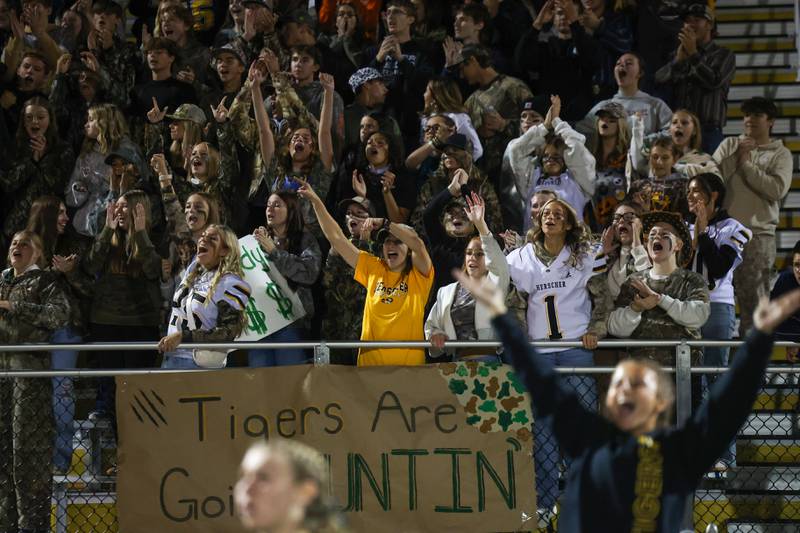 The Herscher fan section cheers during the Tigers' annual rivalry game against Bishop McNamara on Friday, Sept. 5, 2025. The Fightin' Irish would pull ahead to 45-28 victory over the Tigers in the fourth quarter.