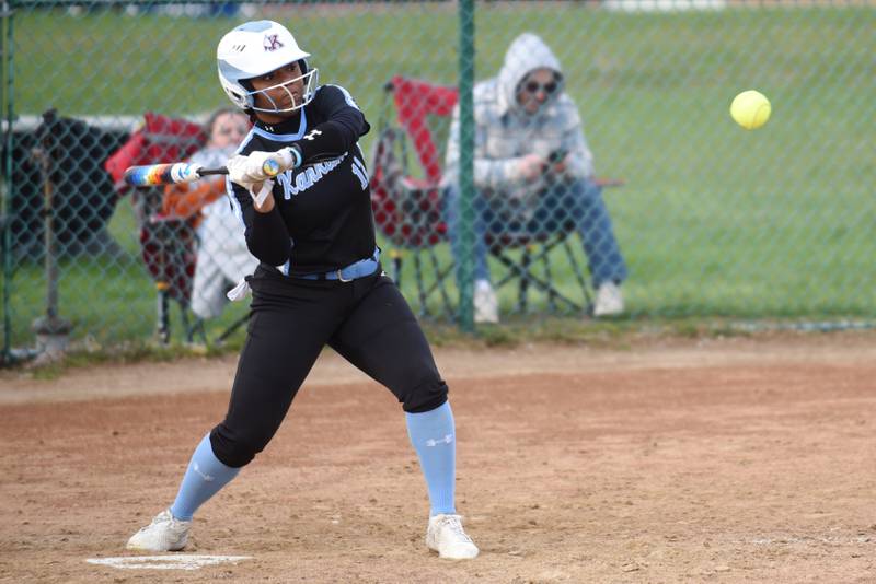 Kankakee's Kendyl Christon swings at a pitch during a home game against Thornwood Thursday, Aprul 17, 2025.