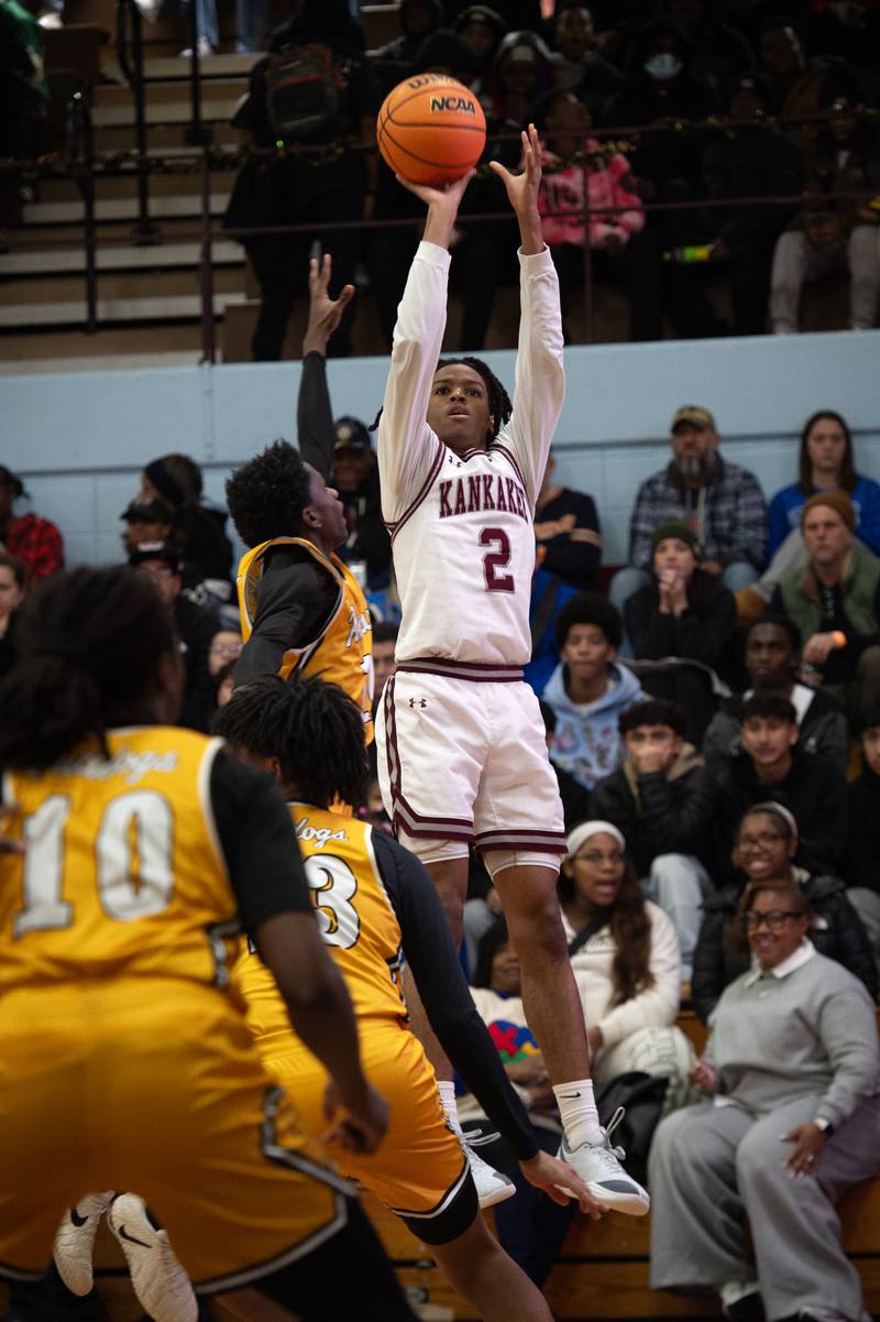 Kankakee's Kenaz Jackson Jr elevates for a shot in a game against Richards in the Kankakee Holiday Tournament at Kankakee High School on Saturday, December 27, 2025.