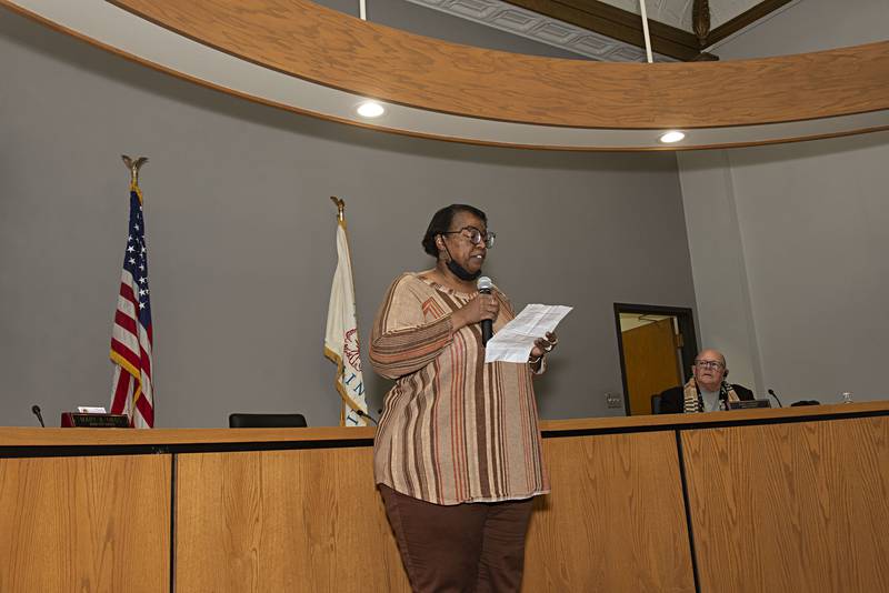Linda LeBlanc-Parks speaks Tuesday at the Dixon City Council meeting after accepting the Ike Mercer certificate of achievement in recognition of Black History Month. LeBlanc-Parks has devoted her career to area education in the community. In April she became the first black woman elected to the Dixon School Board.
