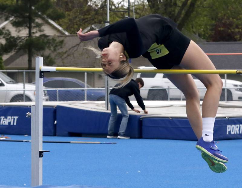 Harvard’s Ella Martin competes in the high jump during the Kishwaukee River Conference Girls Track and Field Meet on Tuesday, May 5, 2025, at Woodstock High School.