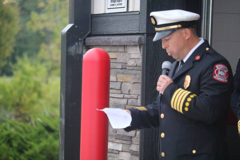 DeKalb Fire Department acting fire chief  Luke Howieson gives remarks Sept. 11, 2025, during the fire department's annual Patriot Day Ceremony.