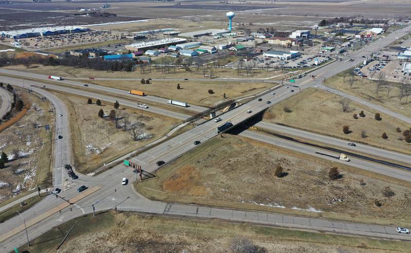 An aerial of the Illinois Route 23 and Interstate 80 interchange on Wednesday, March 18, 2026 in Ottawa. Construction work will begin Monday, March 23, on the Illinois Route 23 bridge over Interstate 80 in Ottawa, weather permitting, according to the Illinois Department of Transportation. The $1.8 million project is expected to be completed by October.