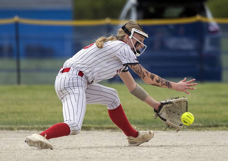 Fulton’s Brooklyn Vogel makes a play at second against Morrison Friday, May 22, 2026, at the Class 1A softball regional at Newman High School.
