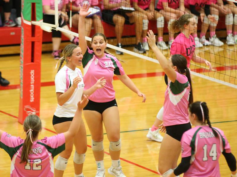 The St. Bede volleyball team reacts after getting a point against L-P during the "Cavs 4 A Cause" pink night game on Tuesday, Sept. 26, 2023 at Sellett Gymnasium.