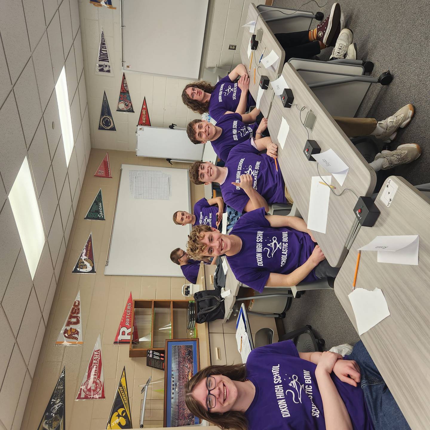 Dixon High School scholastic bowl team members Ronin Quick, Hayden Fulton, captain Owen Winters, Joey Apple and Nathan Stauter wait for the second half of their game versus Cary High School on Saturday, March 15, 2025.