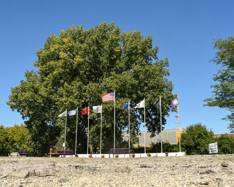 Flags fly at the DeKalb Elks Veteran’s Memorial Plaza, dedicated during a ceremony marking the completion of phase one of the build, meant to honor DeKalb County people who have served in the military, Saturday, Oct. 1, 2022.