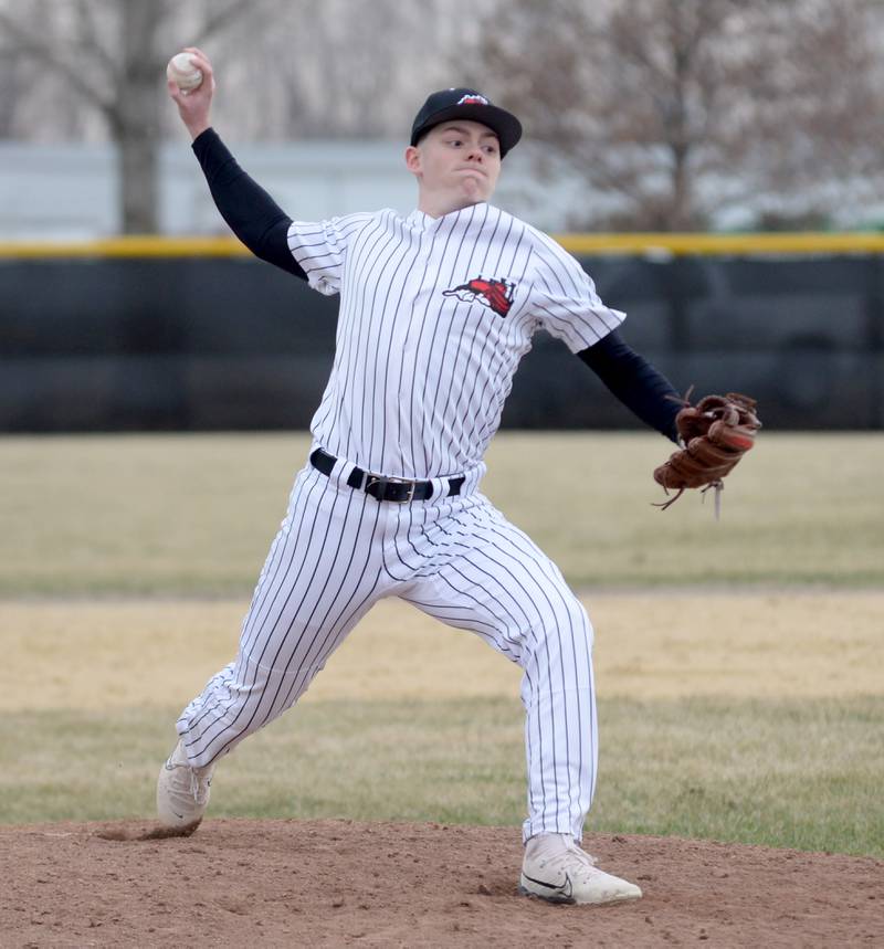 Fulton's Evan Piercy pitches against Morrison on Friday, March 21, 2025 at Drives Field in Fulton.
