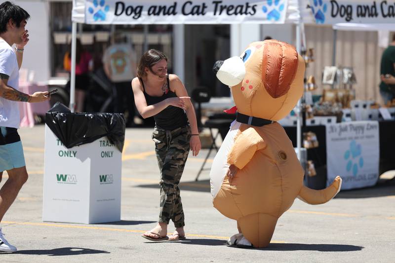 Madison Coleman, a volunteer with Dogs are Deserving Rescue, has fun with one of the animal mascots performing during Paws on 66 Pet Rescue Day on Saturday in downtown Joliet.