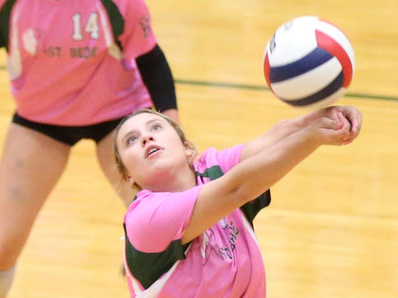 St. Bede's Analia Salas sends back a return spike from L-P during the "Cavs 4 A Cause" pink night game on Tuesday, Sept. 26, 2023 at Sellett Gymnasium.