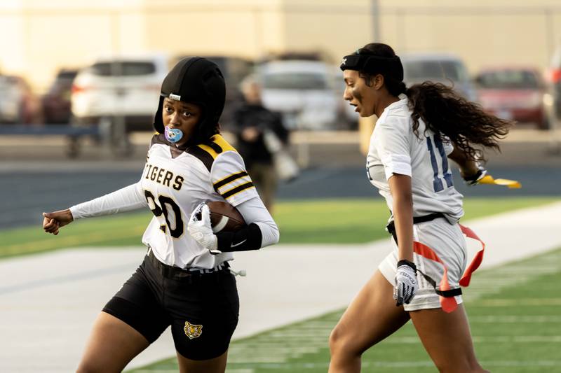 Joliet West's Tamia Saunders runs downfield during a game against Plainfield South at Plainfield South on Aug. 27, 2025.