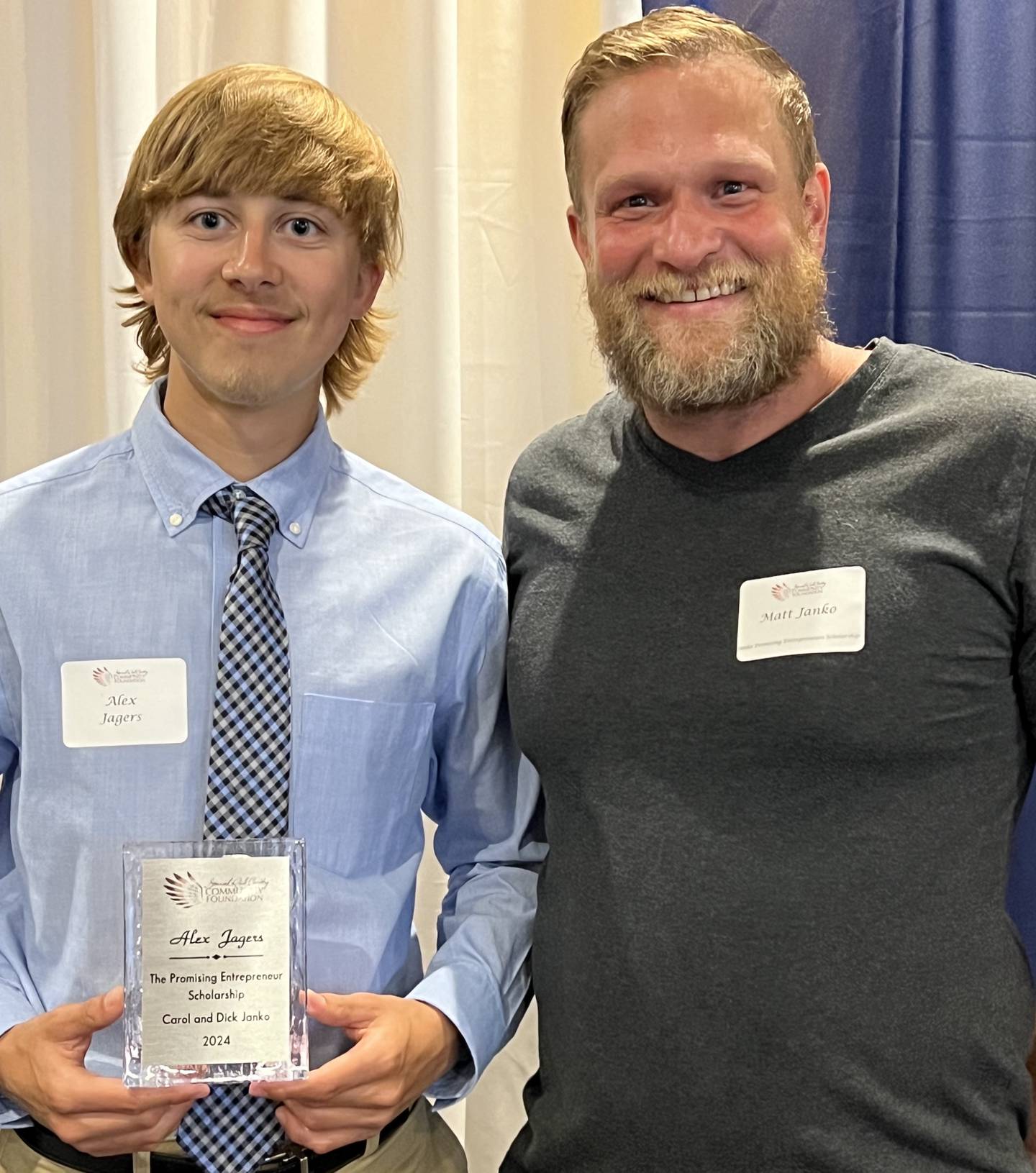 Alex Jagers of Princeton (left) with Matt Janko, representing his grandparent’s scholarship for “promising entrepreneurs" at the Starved Rock Country Community Foundation scholarship reception Monday, June 24, 2024.