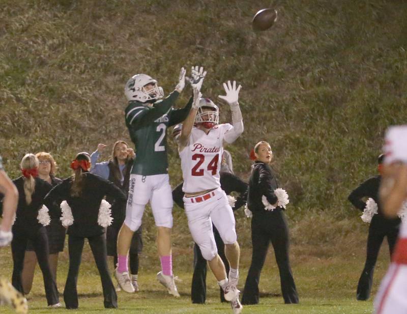 St. Bede's Carson Riva breaks up a pass intended for Ottawa's Weston Averkamp on Friday, Oct. 25, 2024 at St. Bede Academy.