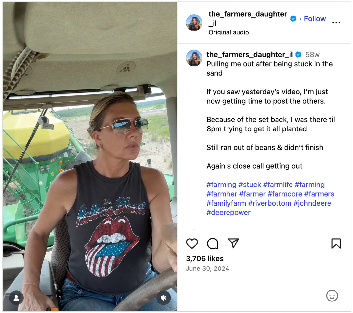 Brandy Renshaw posted on Instagram when her tractor was stuck in the mud in June 2024.