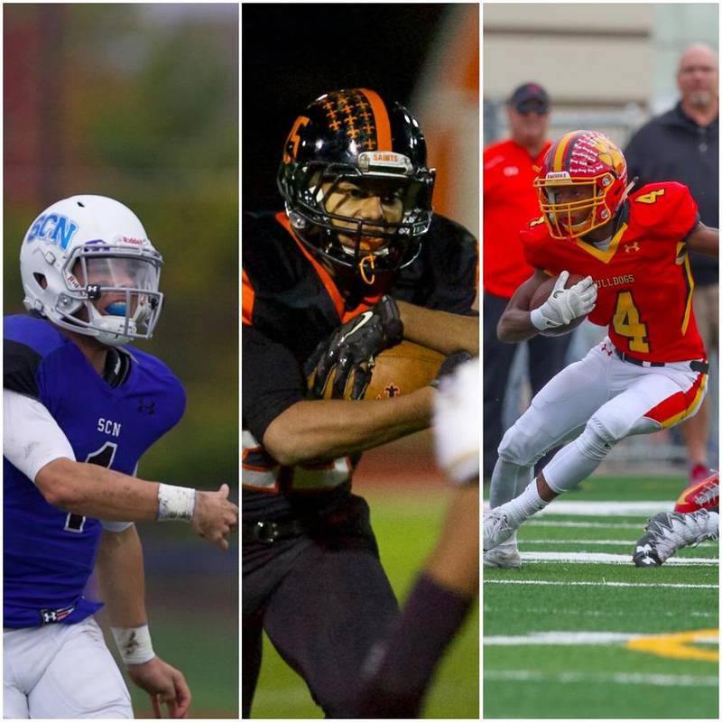 St. Chales North's Zach Mettetal (from left), St. Charles East's Maxwell Hatch and Batavia's Reggie Phillips will join their teammates for road games in the second round of the playoffs on Nov. 4 and 5.