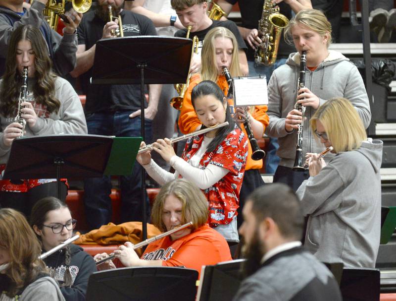 The Forreston pep band plays a selection during halftime of the varsity game with Oregon on Saturday, Jan. 25, 2025 at Forreston High School.