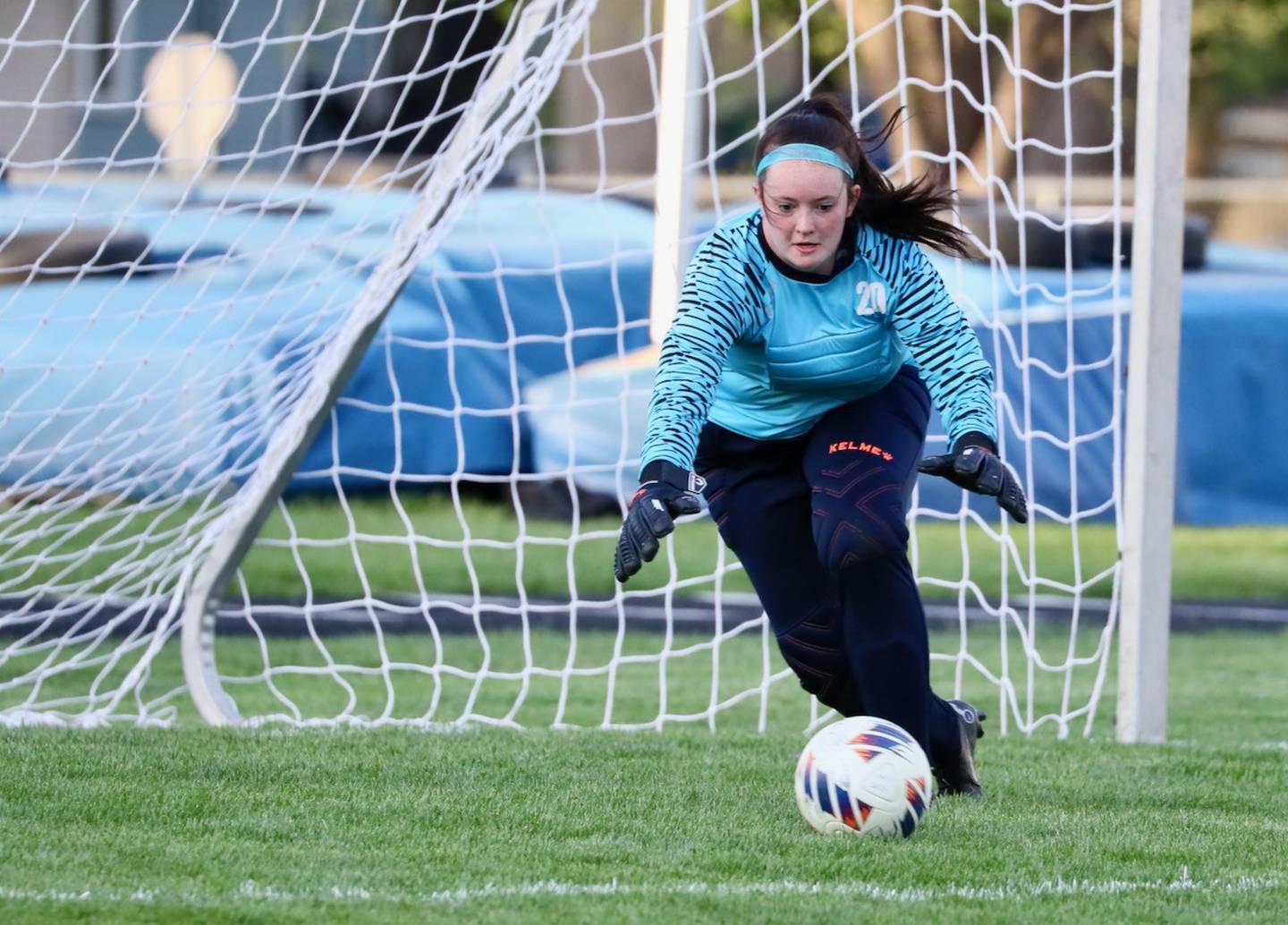 Princeton junior keeper Maddie Oertel defends the goal Tuesday night at Bryan Field.