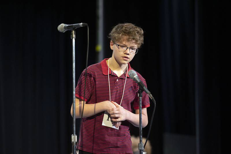 Forreston Grade School fifth grader Jacob Merkel appears on stage Thursday, March 9, 2023 during the Lee-Ogle-Whiteside Regional Spelling Bee.