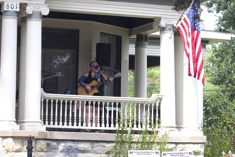 Musician Cheryl Rodey (along with Colleen Wilde) perform in the 600 block of Campbell Street in Joliet as part of the Porch and Park Music Fest on Saturday, Aug. 16, 2025.