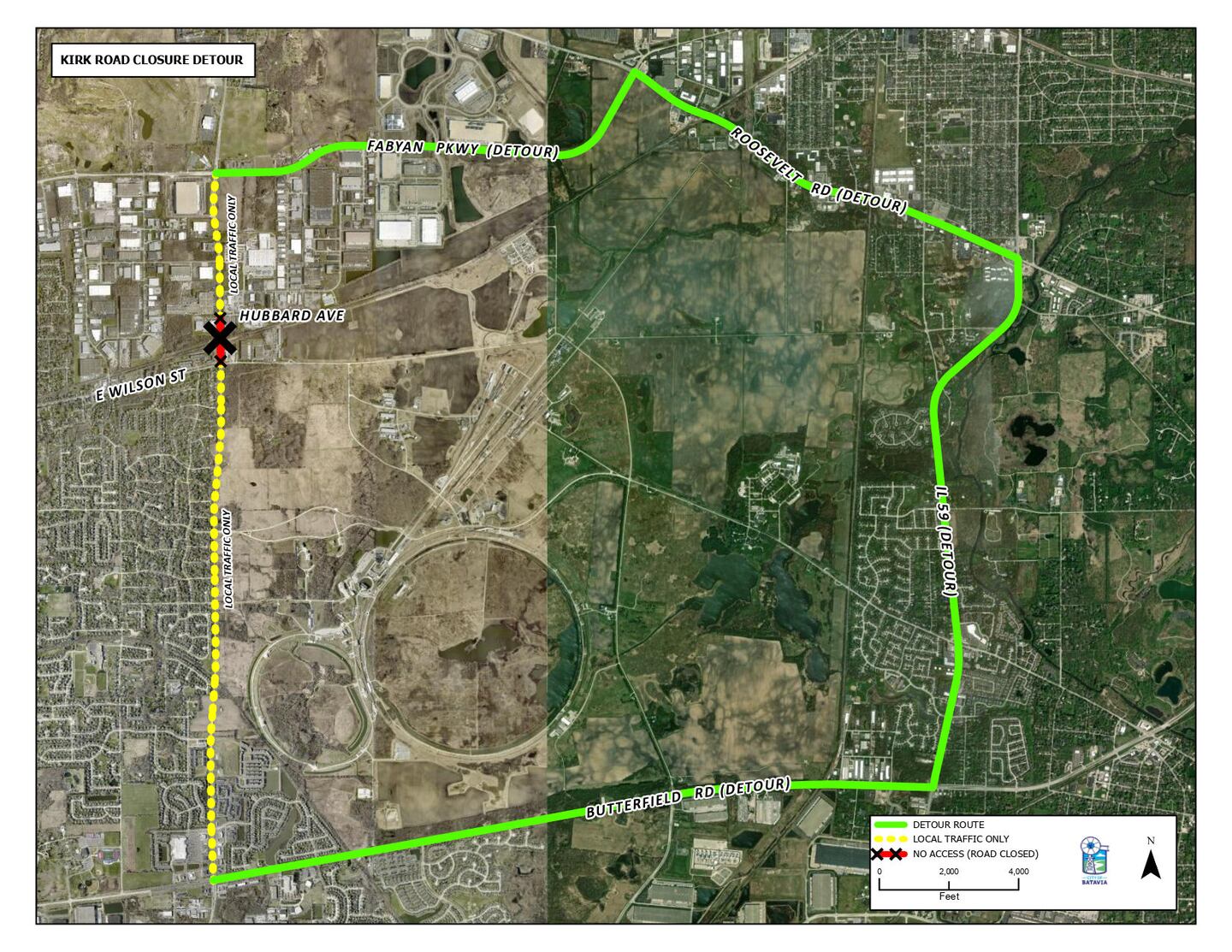 Kirk Road in Batavia will be closed in both directions between Wilson Street and Hubbard Avenue from 6 a.m. Friday, Nov. 15 through Monday afternoon, Nov. 18.
