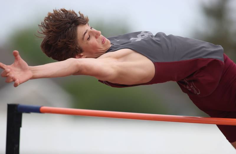 Prairie Ridge’s Everett Stone competes in the high jump in Fox Valley Conference boys track and field meet action at Huntley High School in Huntley on Thursday, May 15, 2025.
