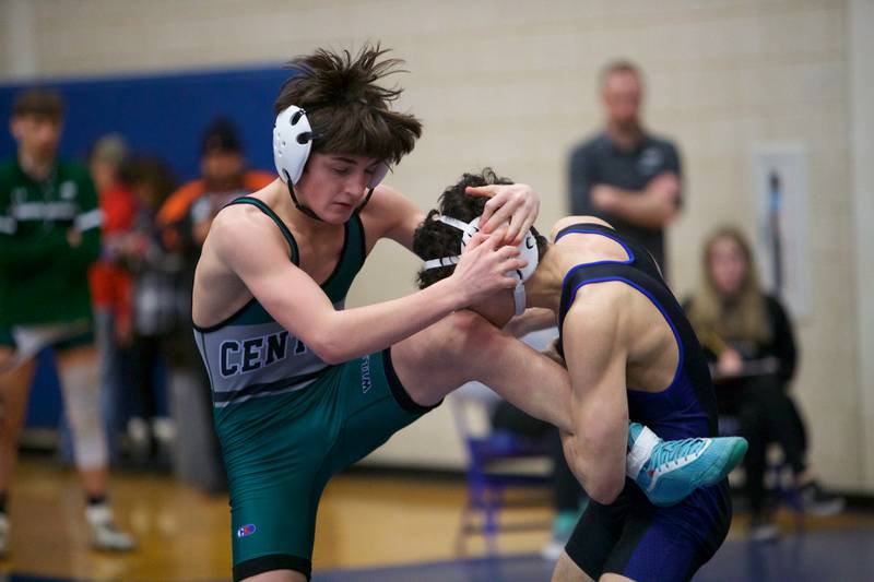 Plainfield Central's Brody Rangel  competes with Geneva's Ben Dassy  in the 126 lb. class at the Newbill Invitational on Saturday, Jan.6,2024 in Geneva.