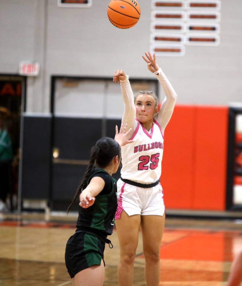 Batavia's Samantha Jansey shoots three points during the Class 4A St. Charles East Sectional final against Glenbard West on Thursday, Feb. 27, 2025 in St. Charles.