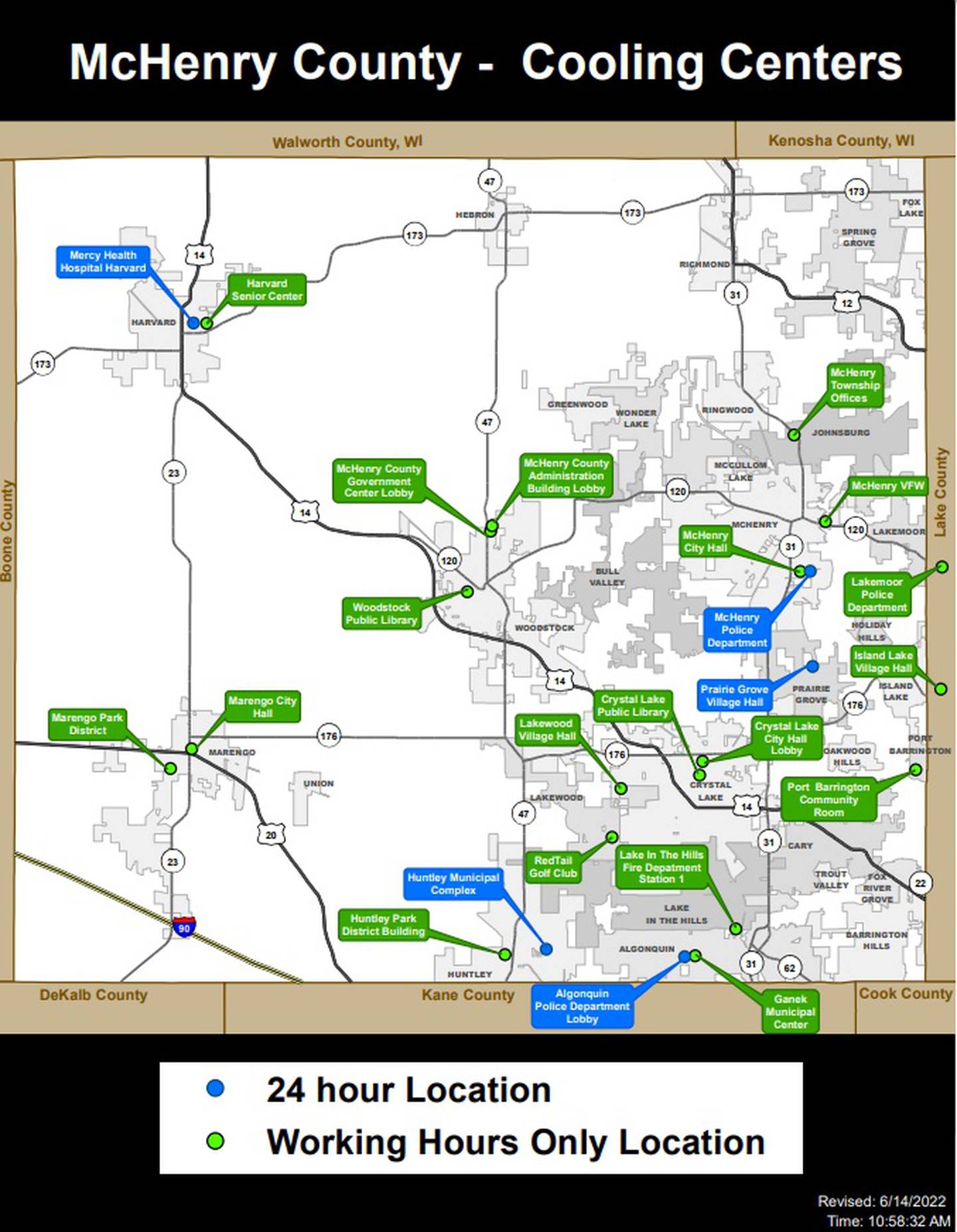 A map of the cooling centers around McHenry County from Tuesday, June 14, 2022.