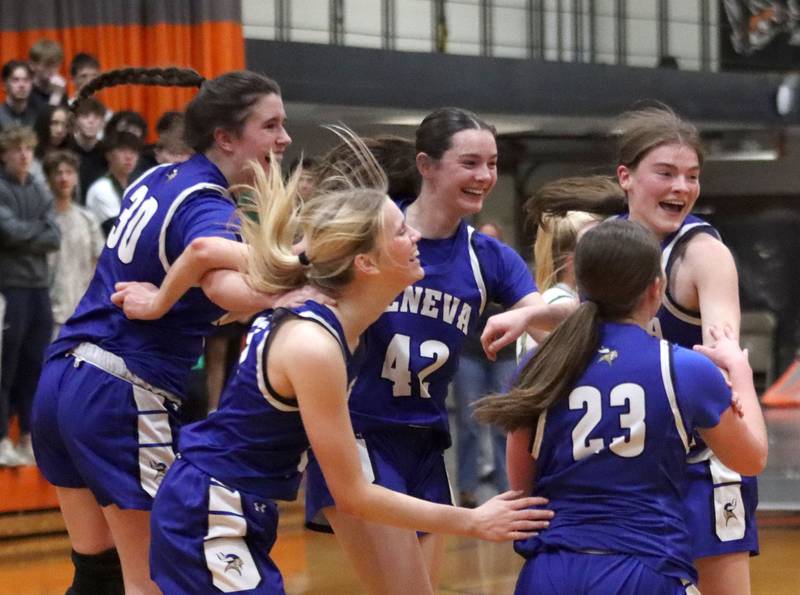 Geneva’s Vikings celebrate a win against Crystal Lake South in girls IHSA Class 3A Sectional Championship basketball on Thursday, Feb. 26, 2026, at Crystal Lake Central High School in Crystal Lake.