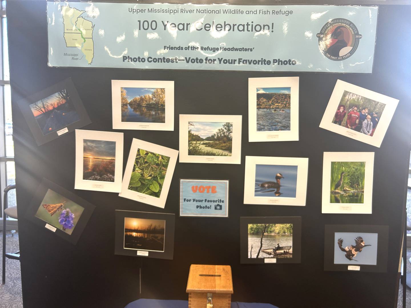 This display, marking the 100th anniversary of the Upper Mississippi River National Wildlife and Fish Refuge, was one of the displays at Clinton Community College, in Clinton, Iowa during the 40th Annual Bald Eagle Watch on Saturday, Feb. 17, 2024.