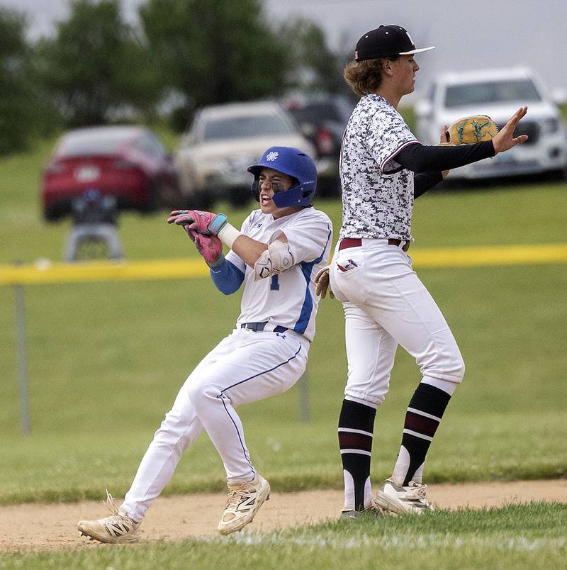 Newman’s Garret Matznick celebrates a triple against Marengo Wednesday, May 28, 2025, in the Class 2A Sectional semifinal in Mendota.
