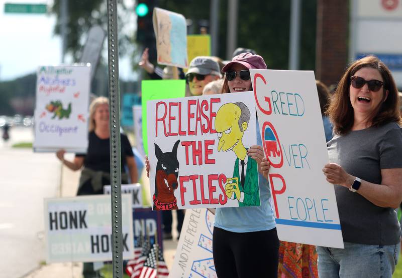 Crowds gathered for the “Good Trouble Lives On” protest along Route 14 in Crystal Lake on Thursday, July 17, 2025.