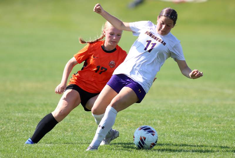 Crystal Lake Central’s Mia Murphy, back, races  Hononegah’s Leah Hopper to the ball in IHSA Class 2A Sectional Semifinal girls soccer on Monday, May 25, 2026 at Crystal Lake Central High School in Crystal Lake.
