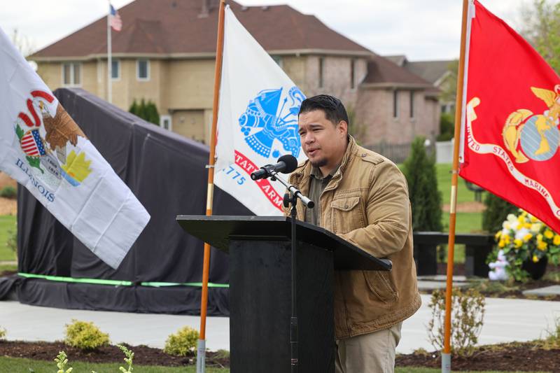 Eric Peterson, superintendent of the Veterans Assistance Commission of Kankakee County and the CEO of Project Headspace and Timing, speaks during the Gold Star Families Memorial Monument dedication ceremony at Marcotte Park in Bourbonnais on Saturday, April 26, 2025. The project was planned and fundraised for by 17-year-old Alexis McCullough, of Bourbonnais, for her Eagle Scout project in honor of her father, Col. Mark McCullough.