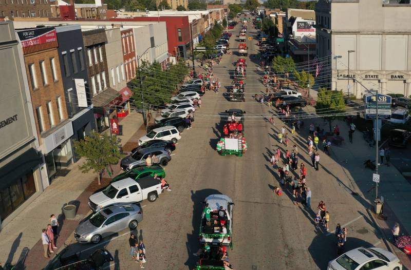 An aerial view of the L-P homecoming parade on Thursday, Oct. 2, 2025 downtown La Salle.