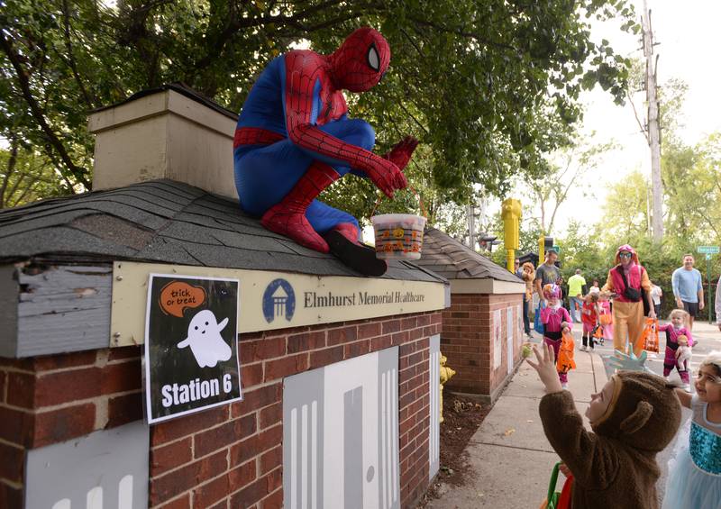 Jack Campbell of Elmhurst reacts to seeing Spiderman while trick or treating through Safety Town during the Elmhurst Park District Family Fall Fest Saturday, Oct. 5, 2024.