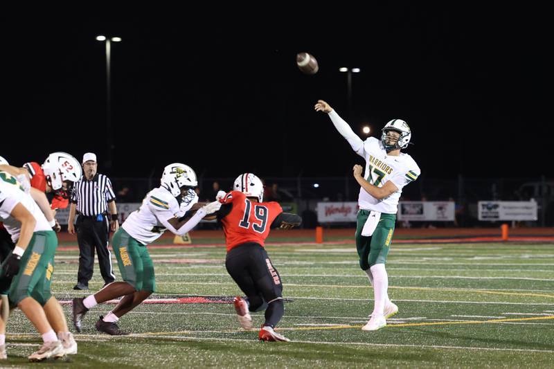 Waubonsie Valley quarterback Colin Ford throws a pass during the Warriors' 35-6 loss to Bradley-Bourbonnais on Friday, Sept. 12, 2025.