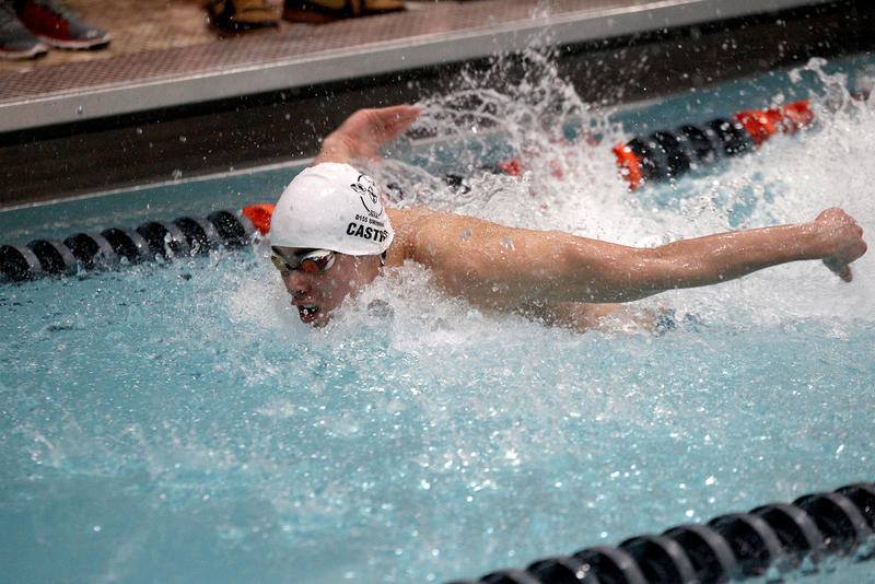 Ben Castro of Cary-Grove co-op swims the 100-yard butterfly during the IHSA Boys Swimming and Diving preliminaries on Feb. 28 at Evanston Township High School.