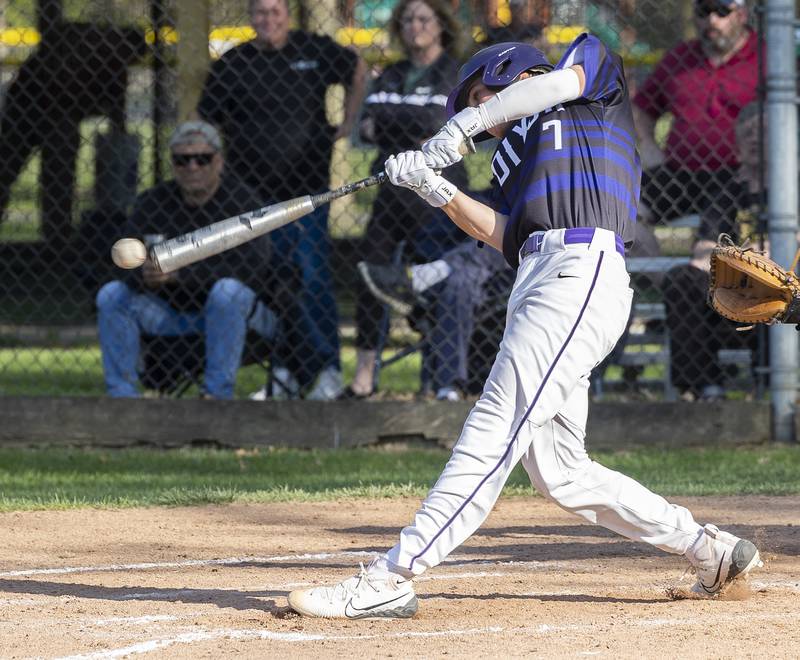 Dixon’s Eli Kirchoff drives the ball back to the North Boone pitcher for an out Tuesday, May 6, 2025. Dukes had bases loaded in the inning.
