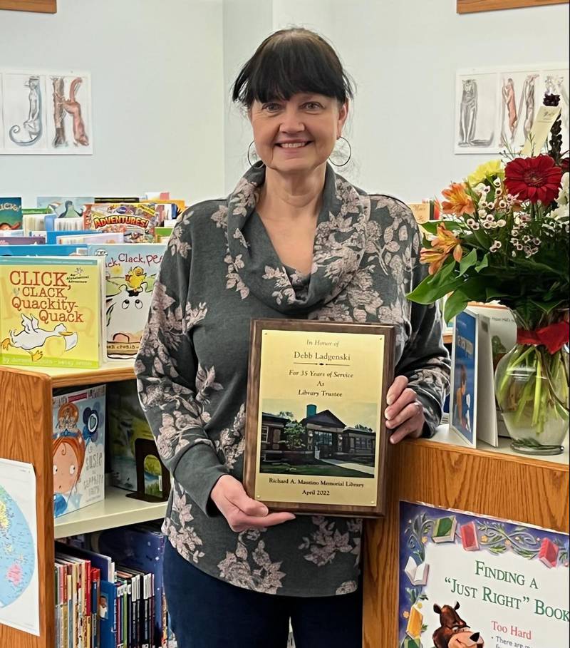 Library Trustee Secretary Debb Ladgenski was honored Tuesday at the monthly board meeting at the Richard A. Mautino Memorial Library for her 35 years of service to the library board.