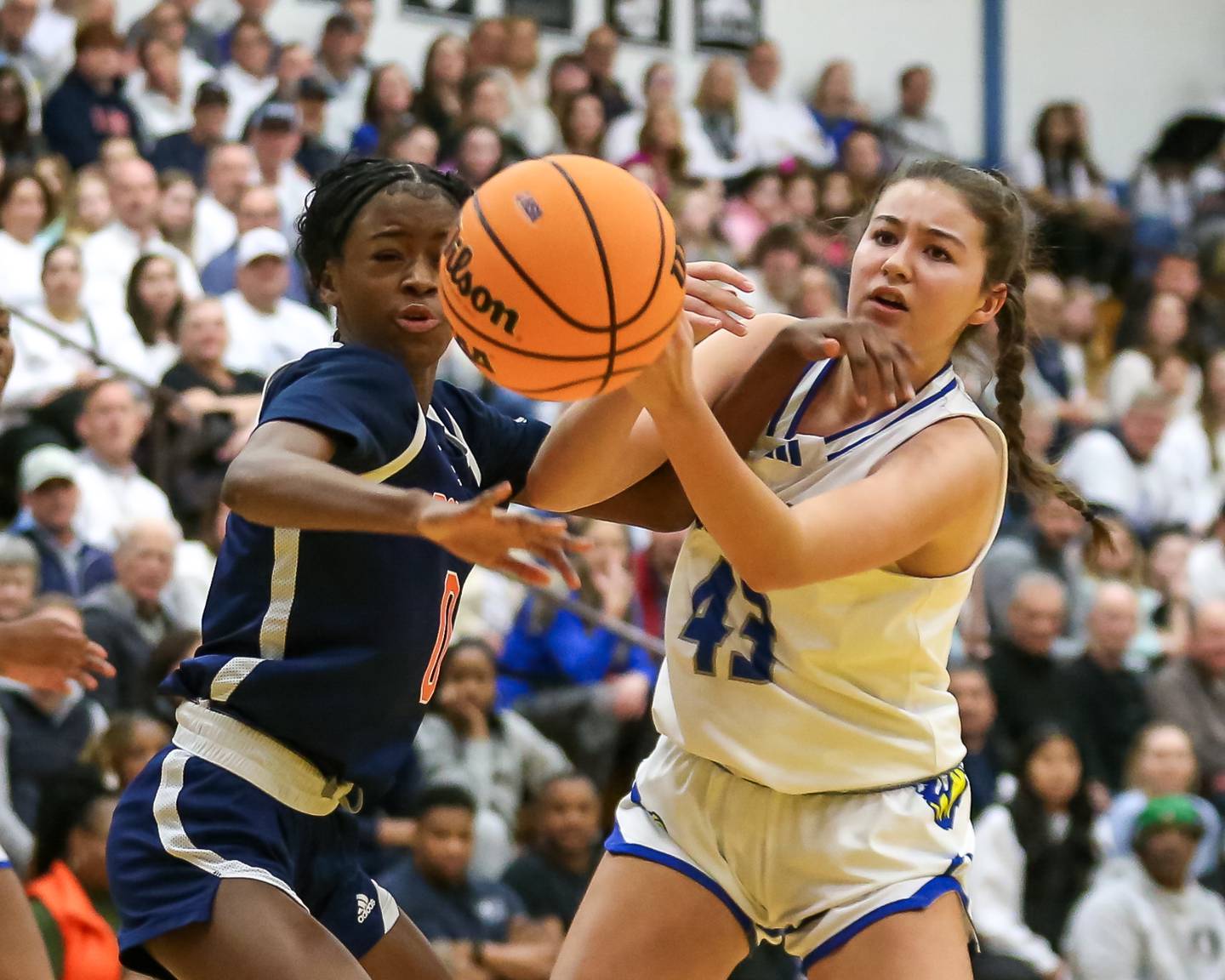 Lyon's Emma O"brien (43) gets tangled up while fighting for possession during their Class 4A Lyons Sectional semifinal basketball game between Lyons vs Young. Feb 25, 2025 in La Grange.