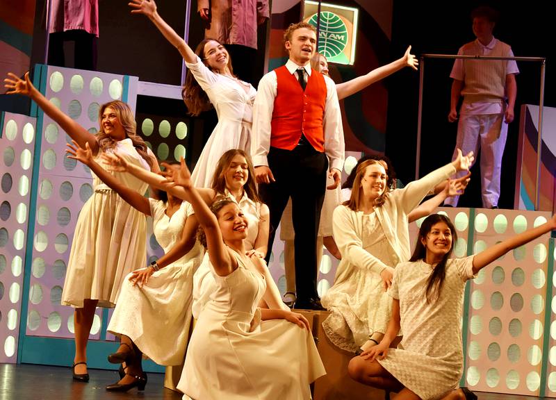 Frank Abignale Jr., played by Cole Stumpenhorst, rehearses Wednesday, Feb, 26th, 2025, with the ensemble during the opening musical act of “Catch Me if You Can,” at Sterling High School. Show times are Feb. 28 and March 1 at 7:30pm and March 2, at 2pm. Tickets are $12 for adults and $7 for students.