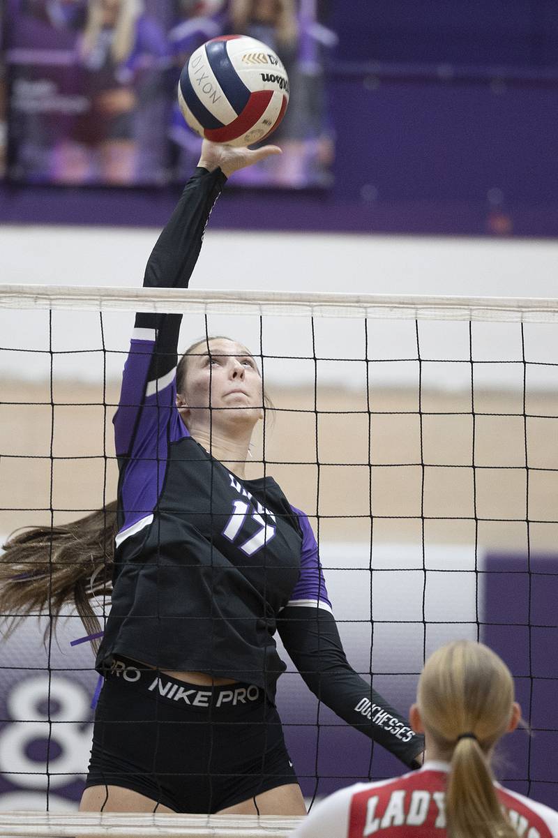 Dixon’s Lucy Feick spikes against LaSalle-Peru Wednesday, Sept. 10, 2025.