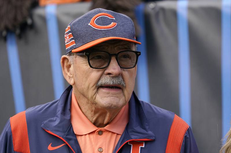 Chicago Bears legend Dick Butkus watches from the sideline during the first half against the Houston Texans Sunday, Sept. 25, 2022, in Chicago.