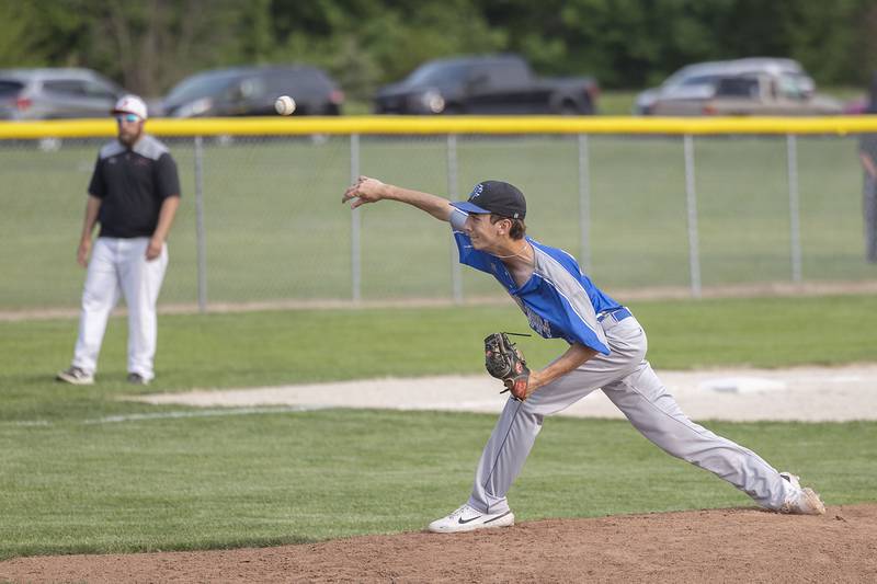 Newman’s Kyle Wolfe fires a pitch against Amboy in a regional semifinal game Thursday, May 18, 2023.