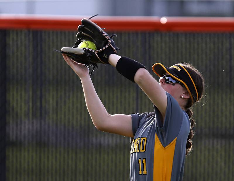 Harvard’s Kristi Knop makes a catch during a nonconference softball game against Crystal Lake Central Monday, May 15, 2023, at Crystal Lake Central High School.