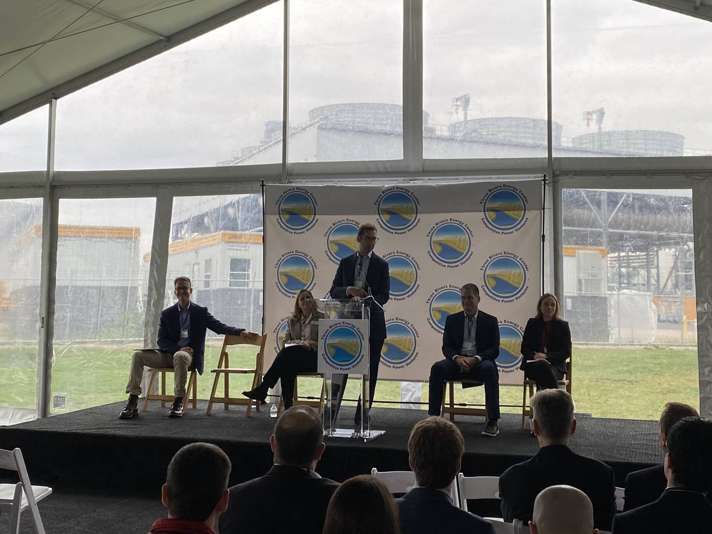 President and CEO Sherman Knight addresses the crowd during the dedication for the Competitive Power Ventures Three Rivers Energy power plant.