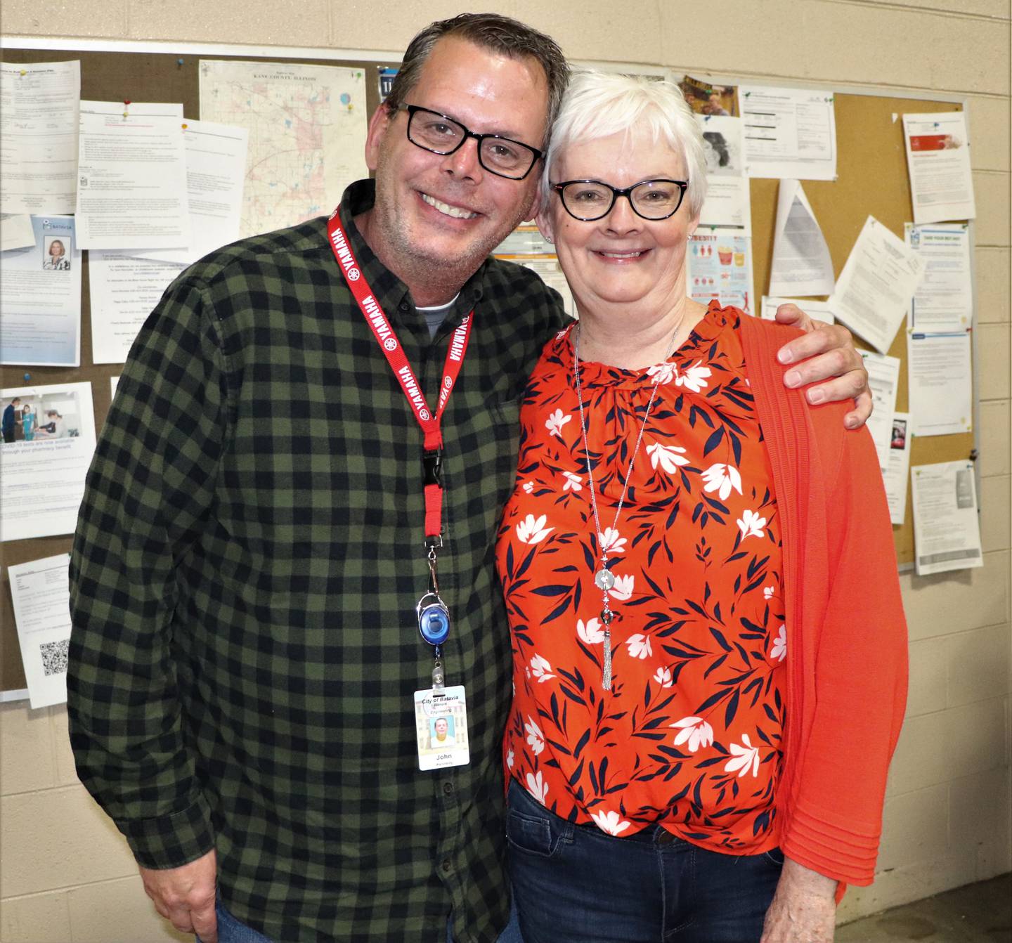 John Kennedy with former Batavia Public Works employee Kathy Montanari at her retirement celebration in May. City officials announced Kennedy’s death July 14 of injuries he sustained in an accident. Funeral arrangement are pending.