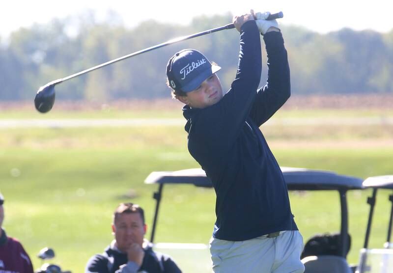 Marquette's Ashton Grady tees off on the first hole during the Class 1A golf meet on Wednesday, Oct. 2, 2024 at Spring Creek Golf Course in Spring Valley.